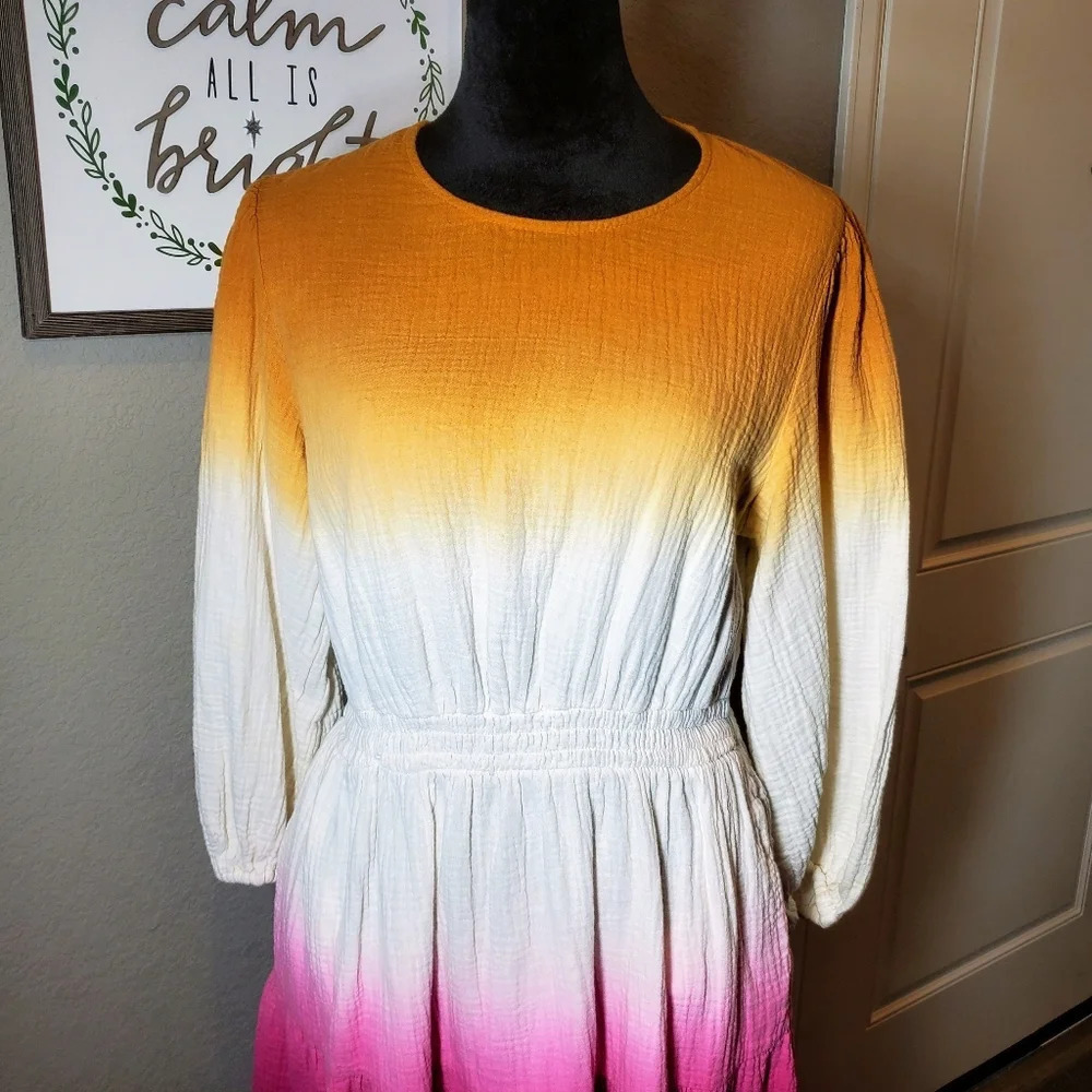 Universal Thread Women's 3/4 Sleeve Tie Dye Ombre Gauze Midi Dress Size Med - Picture 2 of 12